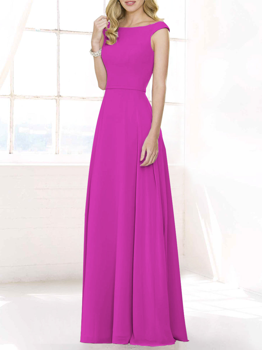 Chiffon Column Boat Neck Cap Sleeves Bridesmaid Dress-MB50122