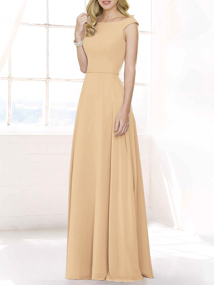 Chiffon Column Boat Neck Cap Sleeves Bridesmaid Dress-MB50122