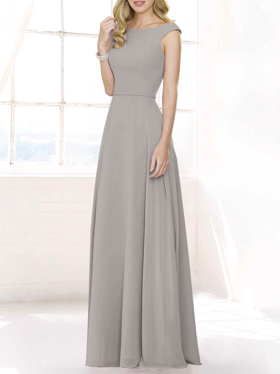 Chiffon Column Boat Neck Cap Sleeves Bridesmaid Dress-MB50122