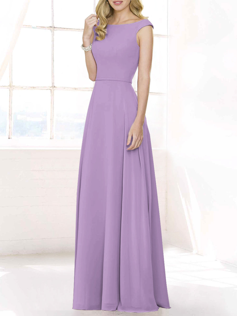 Chiffon Column Boat Neck Cap Sleeves Bridesmaid Dress-MB50122