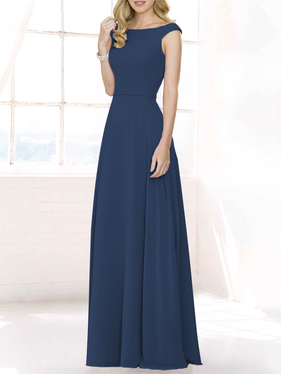 Chiffon Column Boat Neck Cap Sleeves Bridesmaid Dress-MB50122