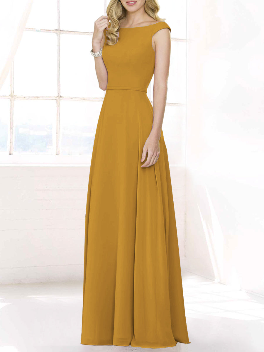 Chiffon Column Boat Neck Cap Sleeves Bridesmaid Dress-MB50122