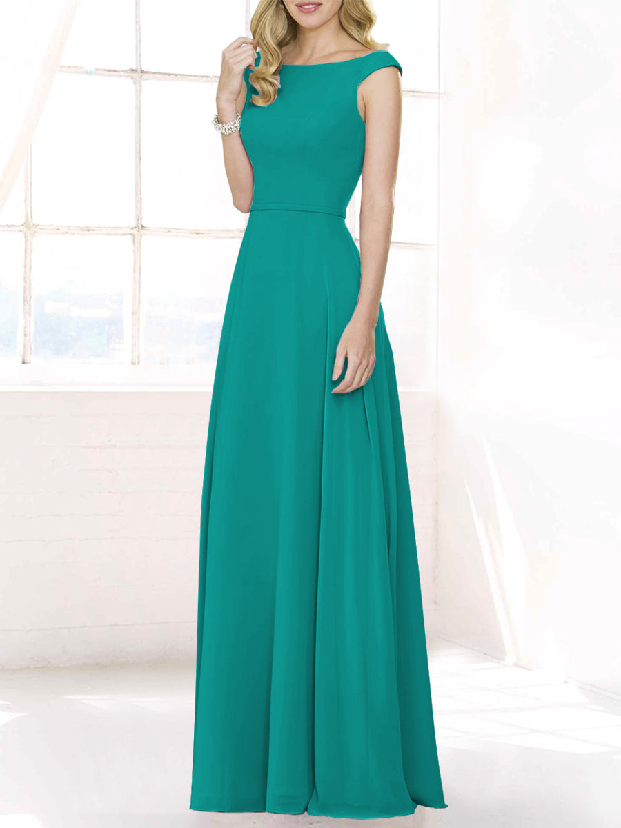 Chiffon Column Boat Neck Cap Sleeves Bridesmaid Dress-MB50122