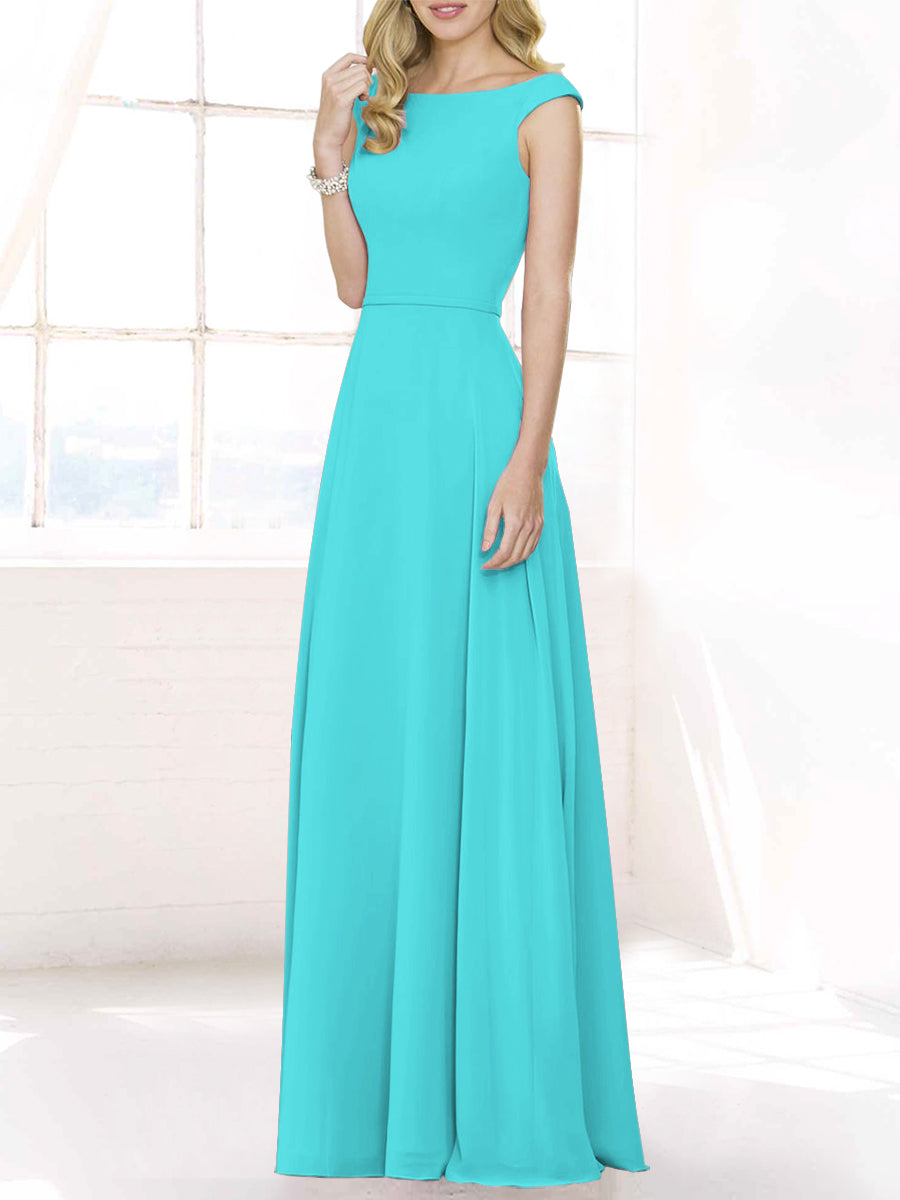 Chiffon Column Boat Neck Cap Sleeves Bridesmaid Dress-MB50122