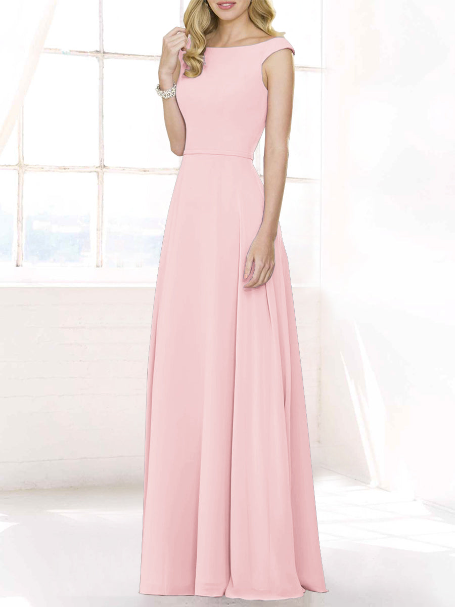 Chiffon Column Boat Neck Cap Sleeves Bridesmaid Dress-MB50122