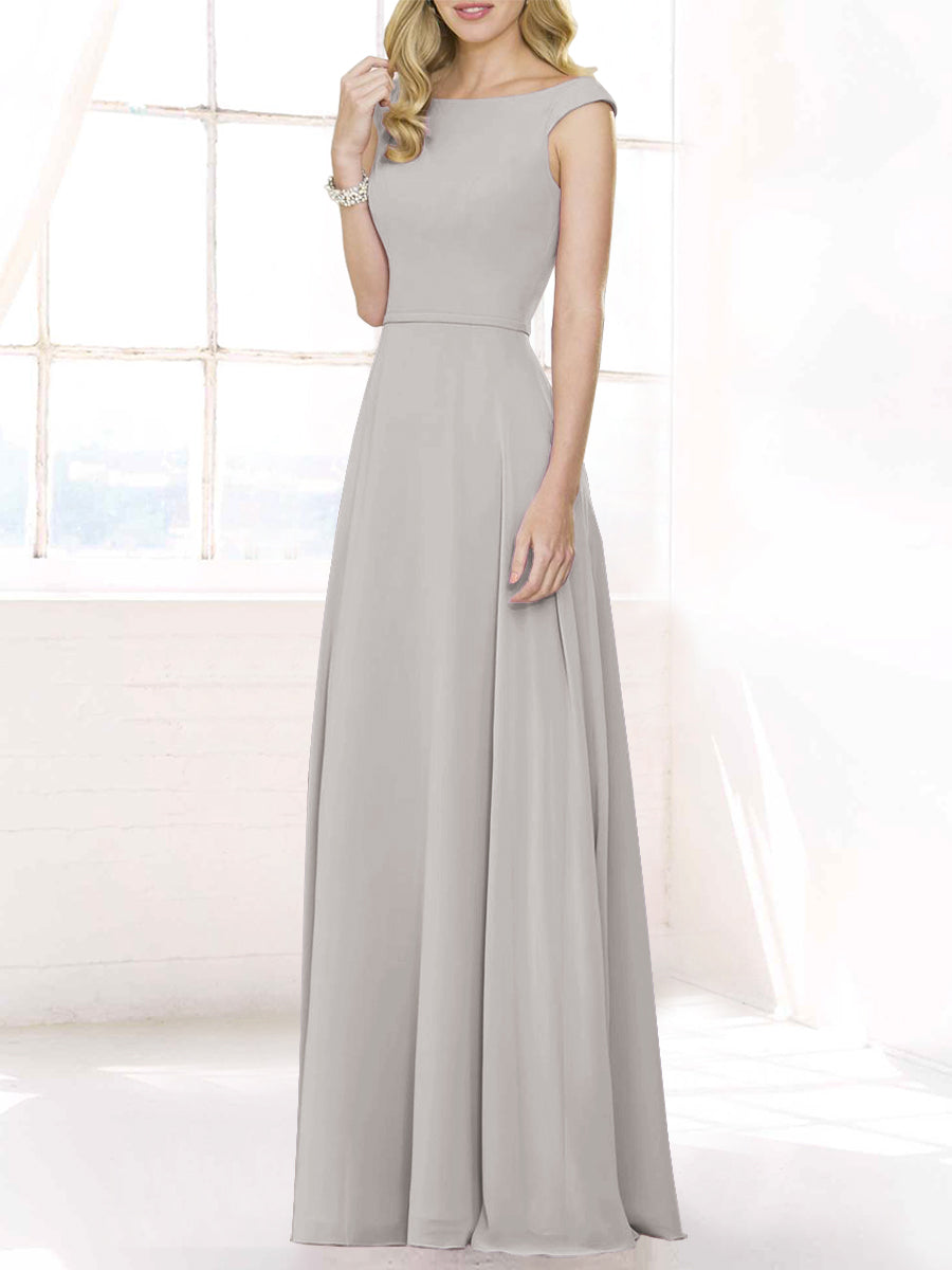 Chiffon Column Boat Neck Cap Sleeves Bridesmaid Dress-MB50122