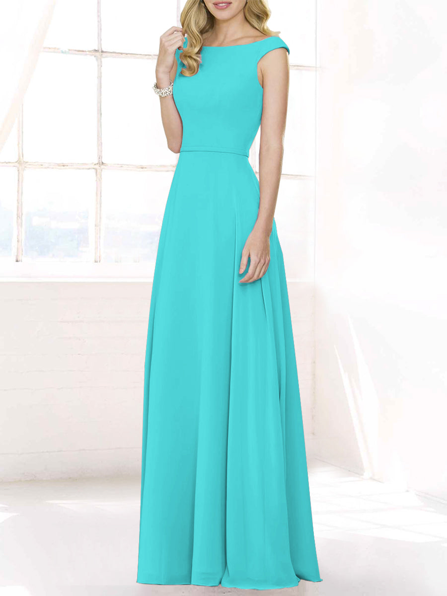 Chiffon Column Boat Neck Cap Sleeves Bridesmaid Dress-MB50122