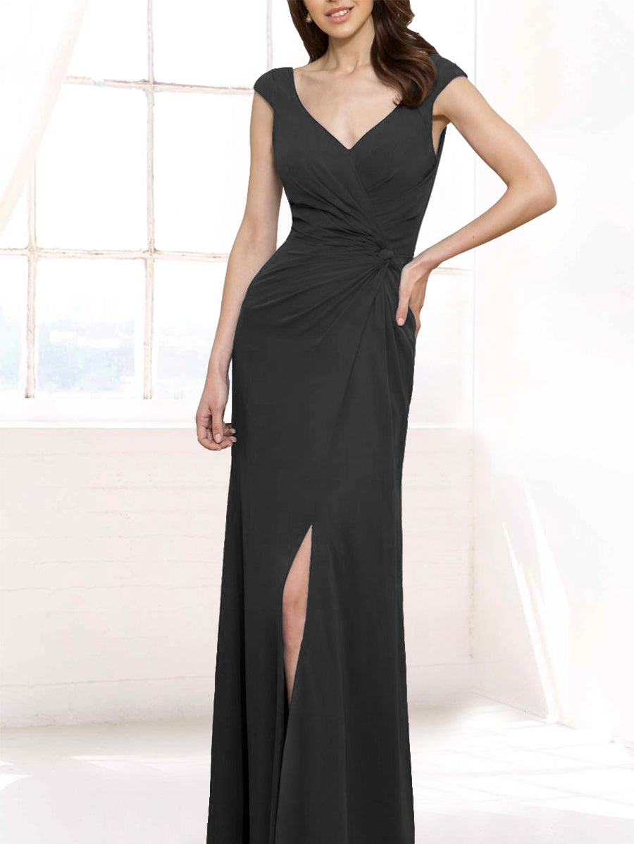 Chiffon Column V-Neck Cap Sleeves Bridesmaid Dress-MB50123