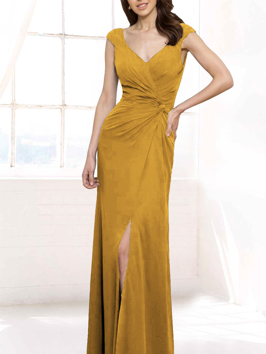 Chiffon Column V-Neck Cap Sleeves Bridesmaid Dress-MB50123