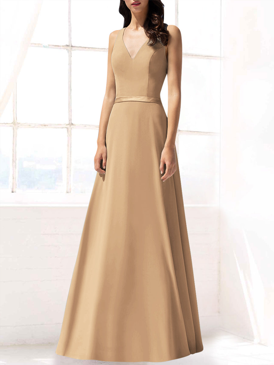 Chiffon Column V-Neck Sleeveless Bridesmaid Dress-MB53390