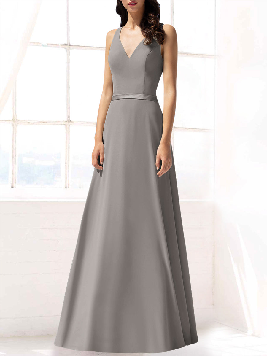 Chiffon Column V-Neck Sleeveless Bridesmaid Dress-MB53390