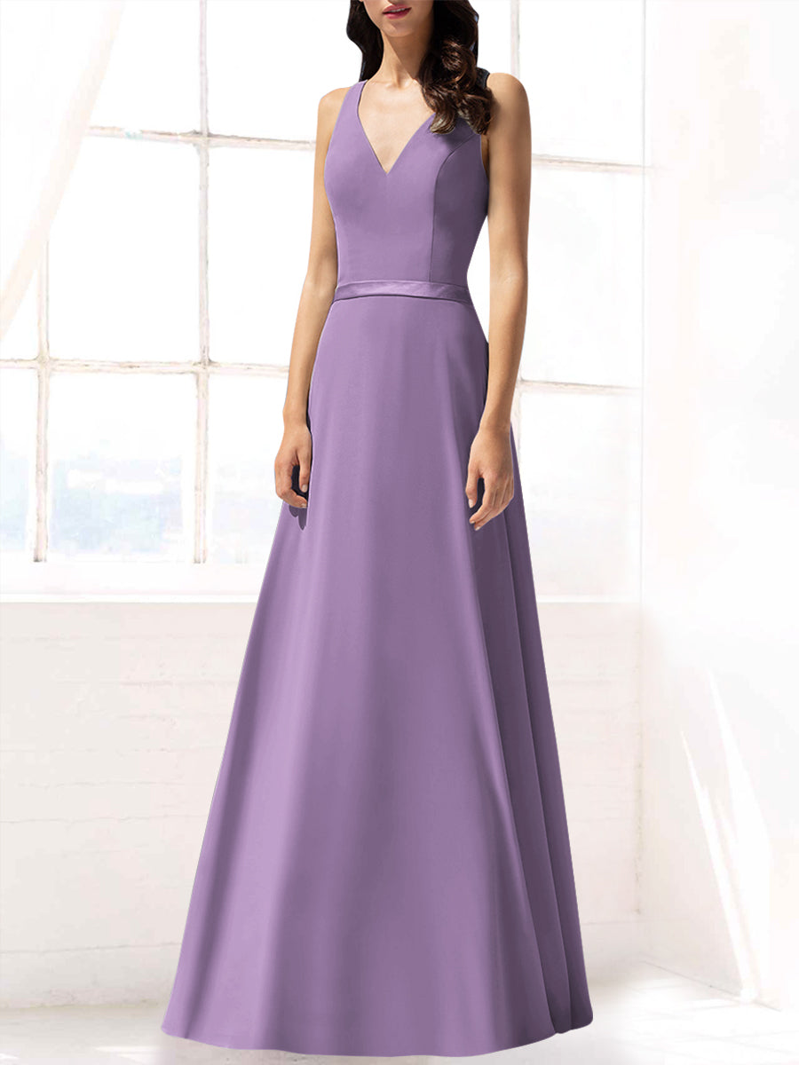 Chiffon Column V-Neck Sleeveless Bridesmaid Dress-MB53390