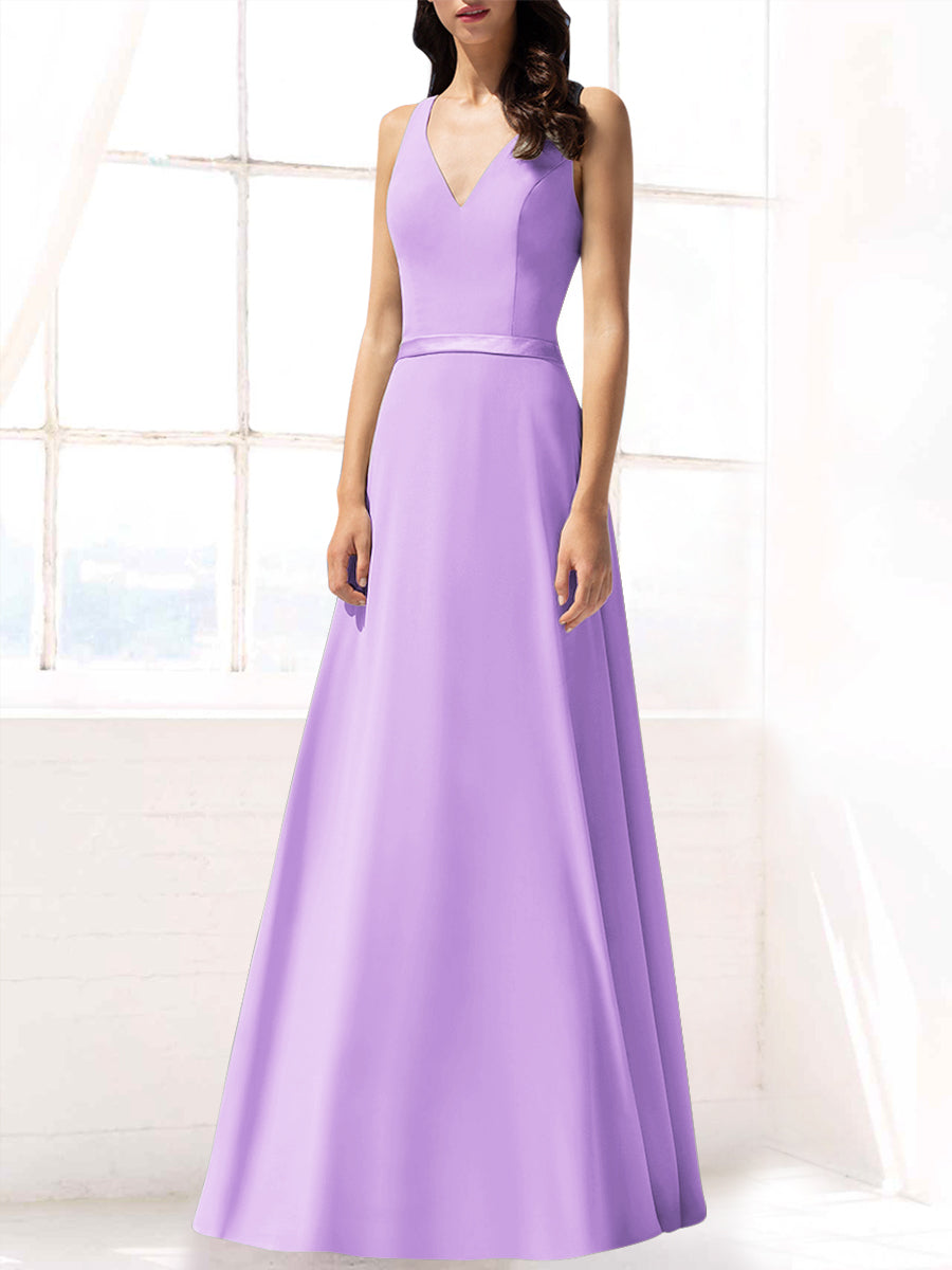 Chiffon Column V-Neck Sleeveless Bridesmaid Dress-MB53390