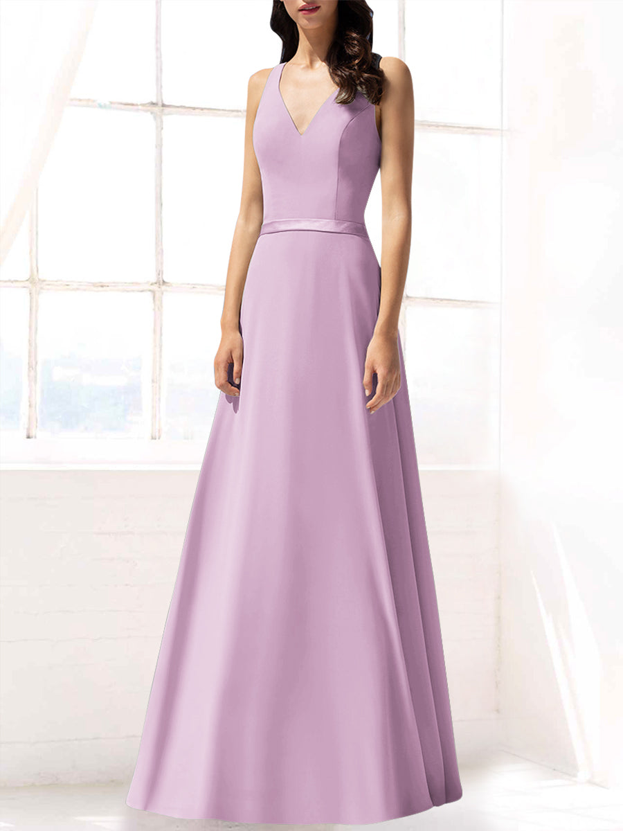 Chiffon Column V-Neck Sleeveless Bridesmaid Dress-MB53390