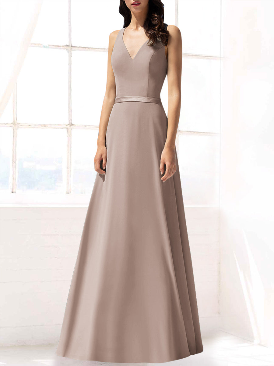 Chiffon Column V-Neck Sleeveless Bridesmaid Dress-MB53390