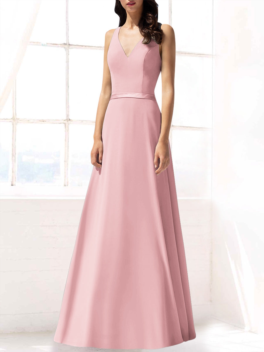 Chiffon Column V-Neck Sleeveless Bridesmaid Dress-MB53390