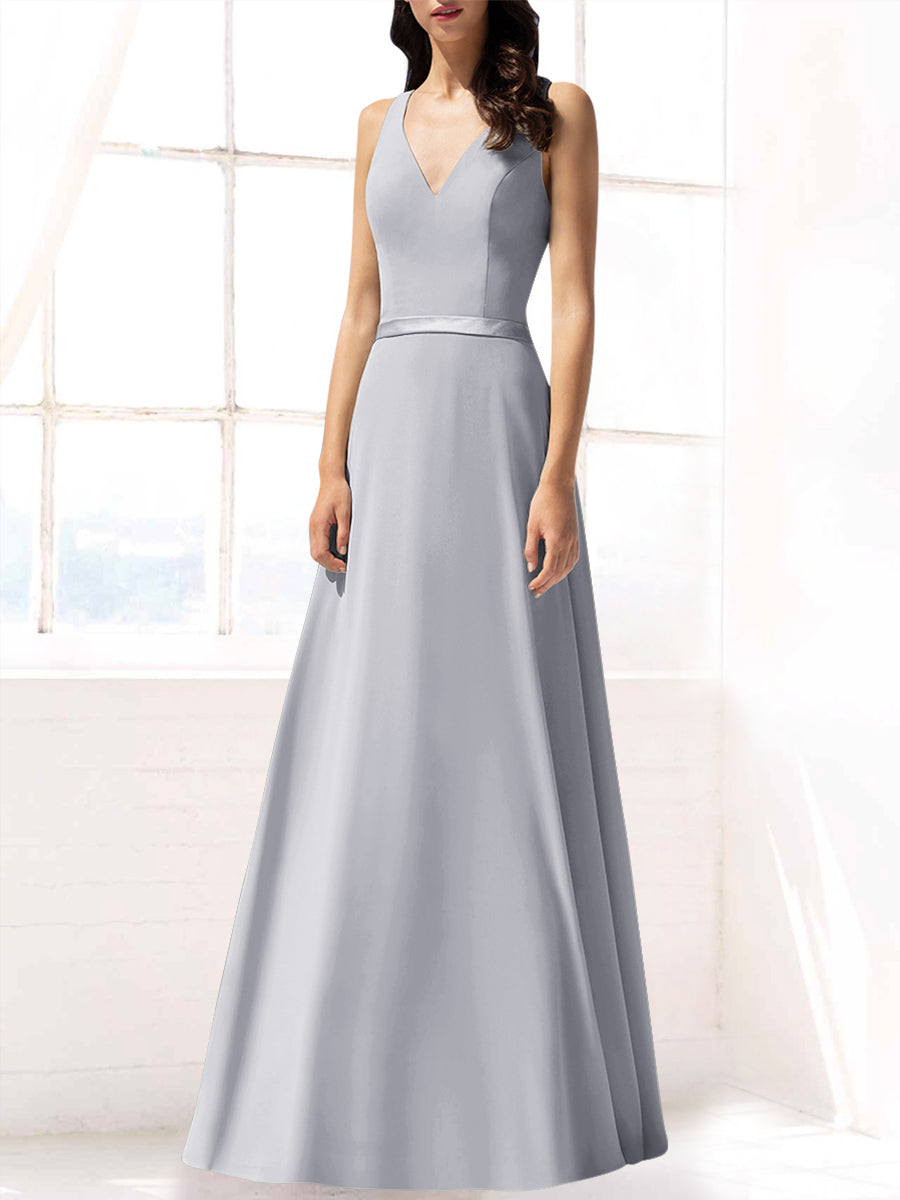 Chiffon Column V-Neck Sleeveless Bridesmaid Dress-MB53390