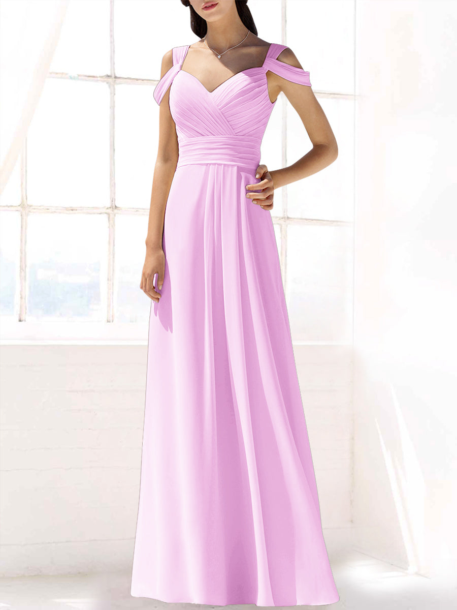 Chiffon Column Off the Shoulder Sleeveless Bridesmaid Dress-MB53391