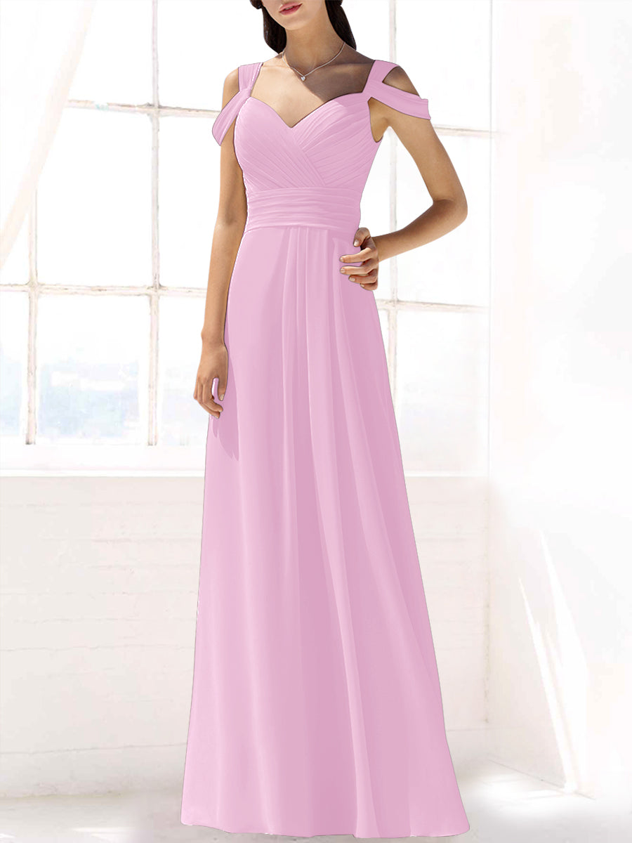 Chiffon Column Off the Shoulder Sleeveless Bridesmaid Dress-MB53391