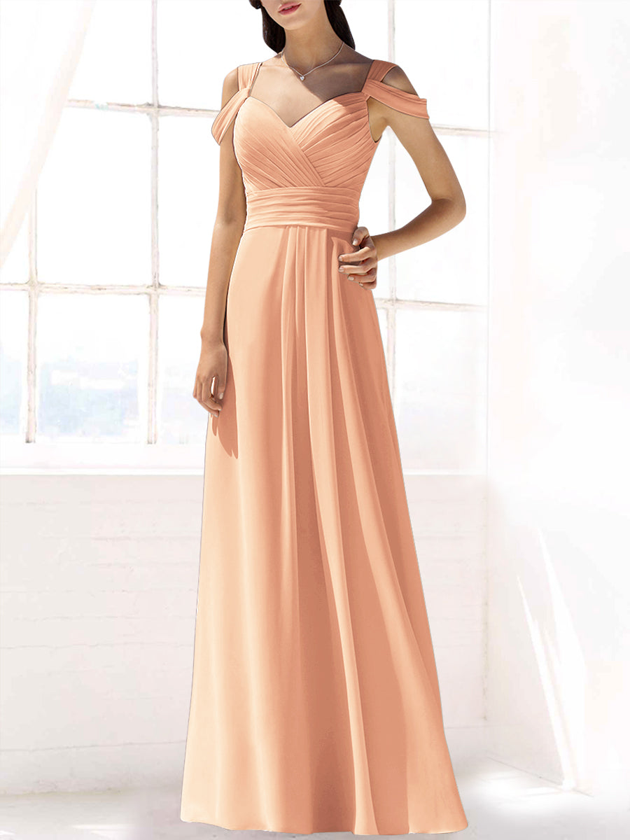 Chiffon Column Off the Shoulder Sleeveless Bridesmaid Dress-MB53391