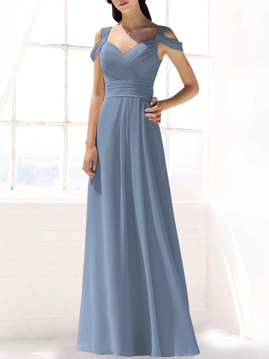 Chiffon Column Off the Shoulder Sleeveless Bridesmaid Dress-MB53391