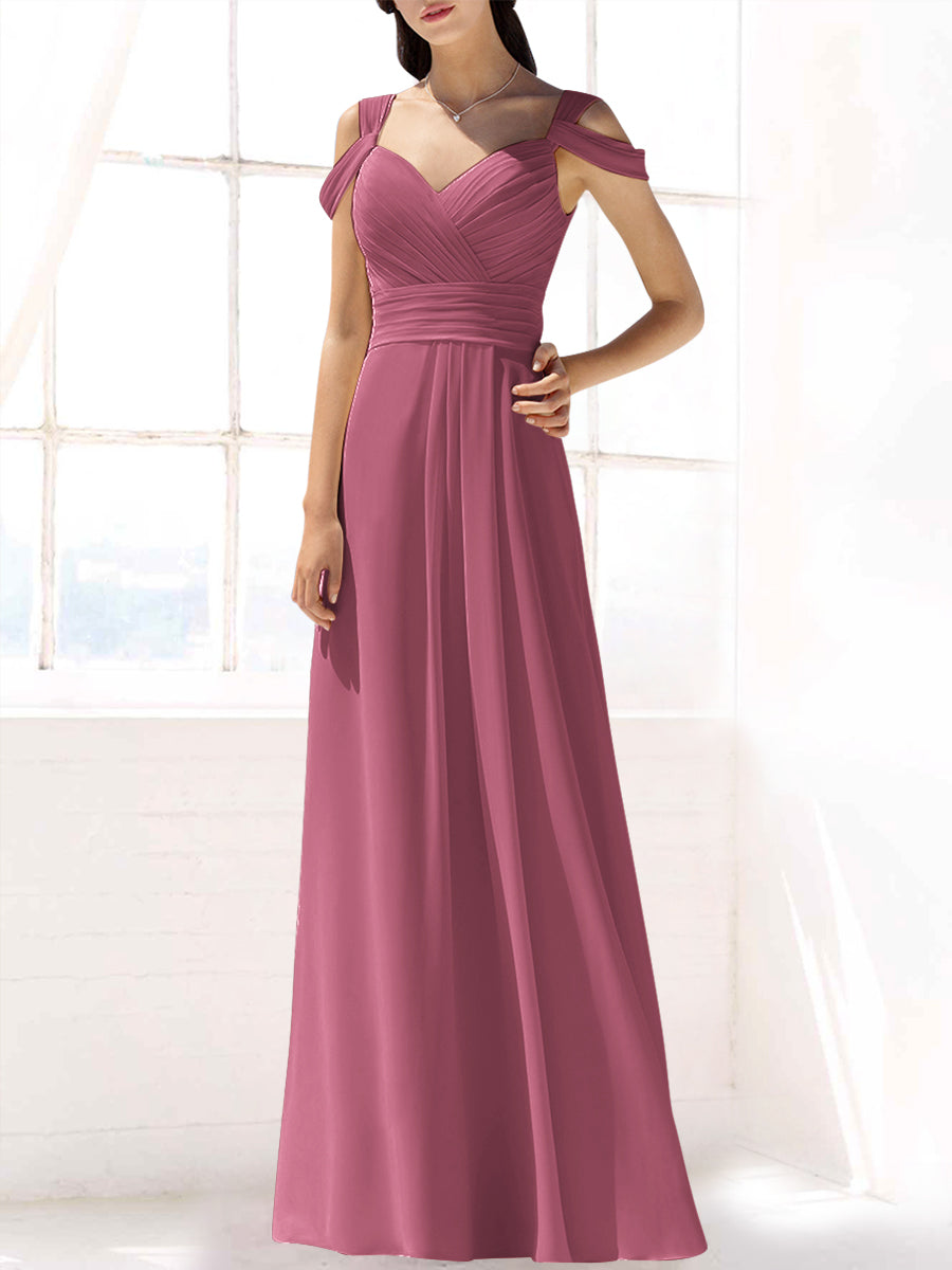 Chiffon Column Off the Shoulder Sleeveless Bridesmaid Dress-MB53391