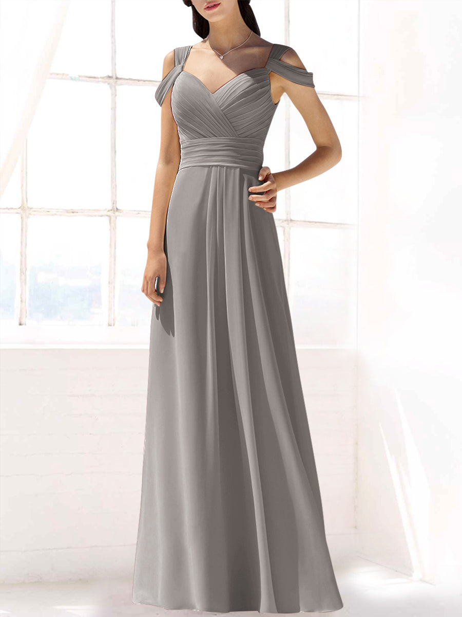 Chiffon Column Off the Shoulder Sleeveless Bridesmaid Dress-MB53391