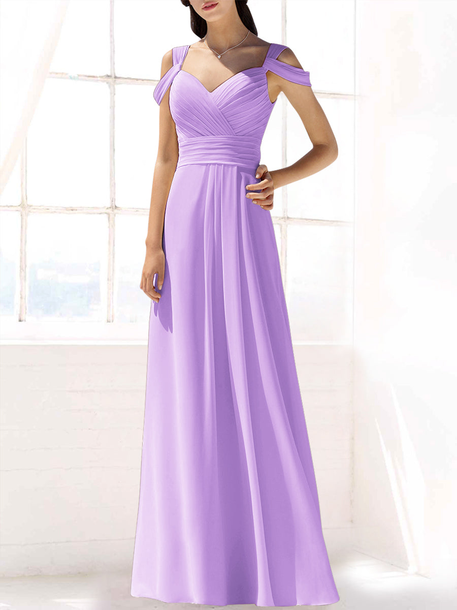 Chiffon Column Off the Shoulder Sleeveless Bridesmaid Dress-MB53391