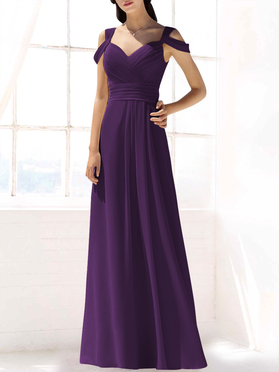 Chiffon Column Off the Shoulder Sleeveless Bridesmaid Dress-MB53391