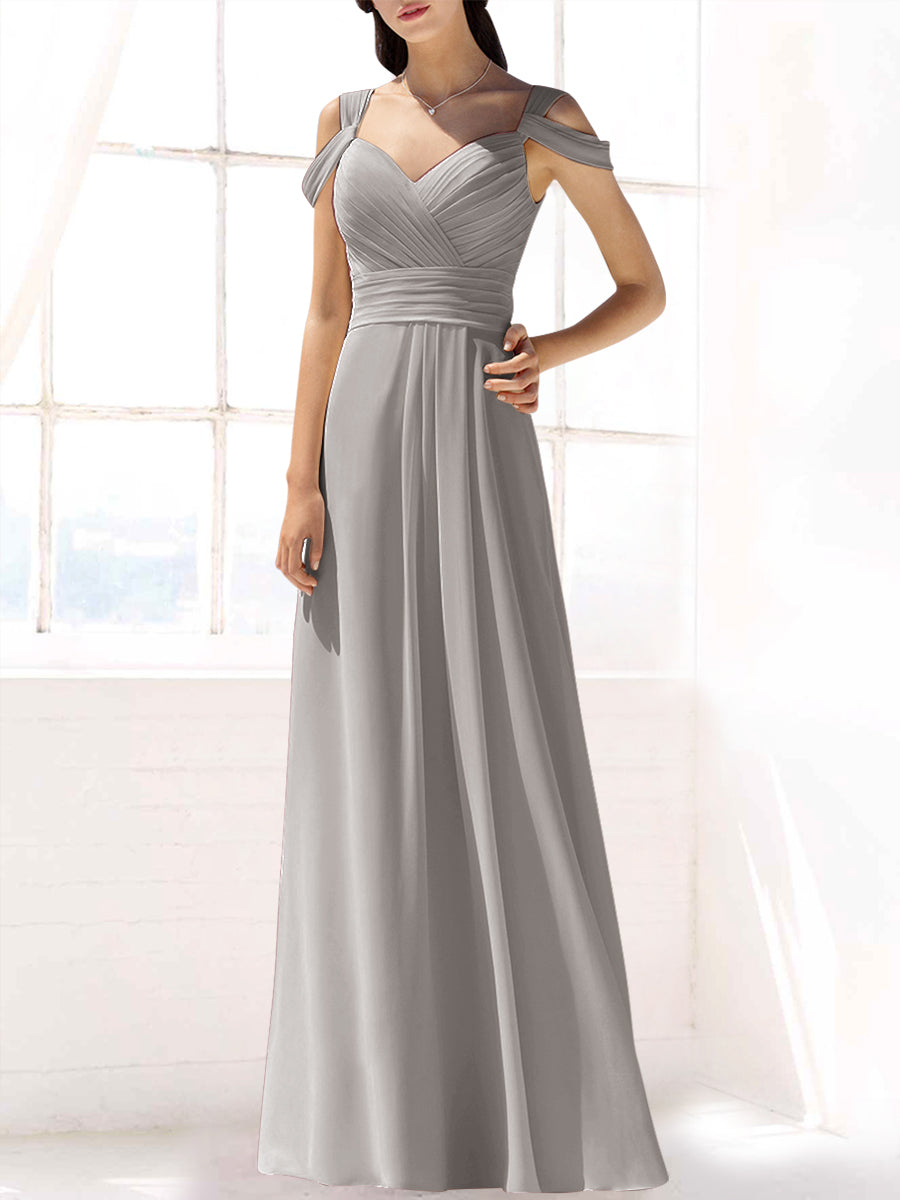 Chiffon Column Off the Shoulder Sleeveless Bridesmaid Dress-MB53391