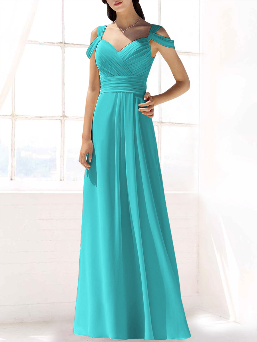 Chiffon Column Off the Shoulder Sleeveless Bridesmaid Dress-MB53391