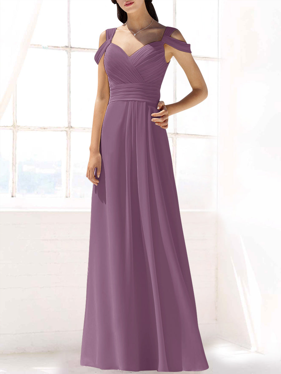 Chiffon Column Off the Shoulder Sleeveless Bridesmaid Dress-MB53391