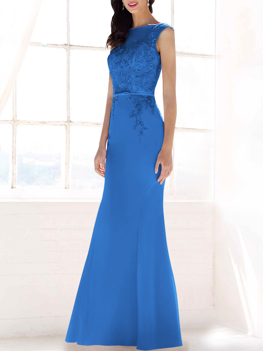 Lace Mermaid Boat Neck Sleeveless Bridesmaid Dress-MB53395