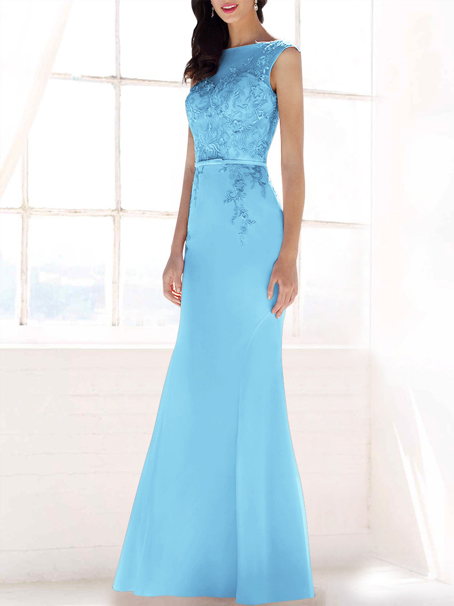 Lace Mermaid Boat Neck Sleeveless Bridesmaid Dress-MB53395