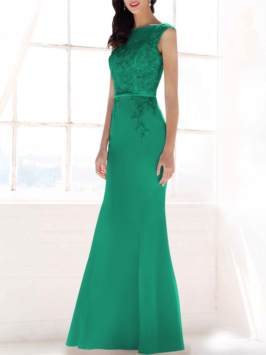 Lace Mermaid Boat Neck Sleeveless Bridesmaid Dress-MB53395