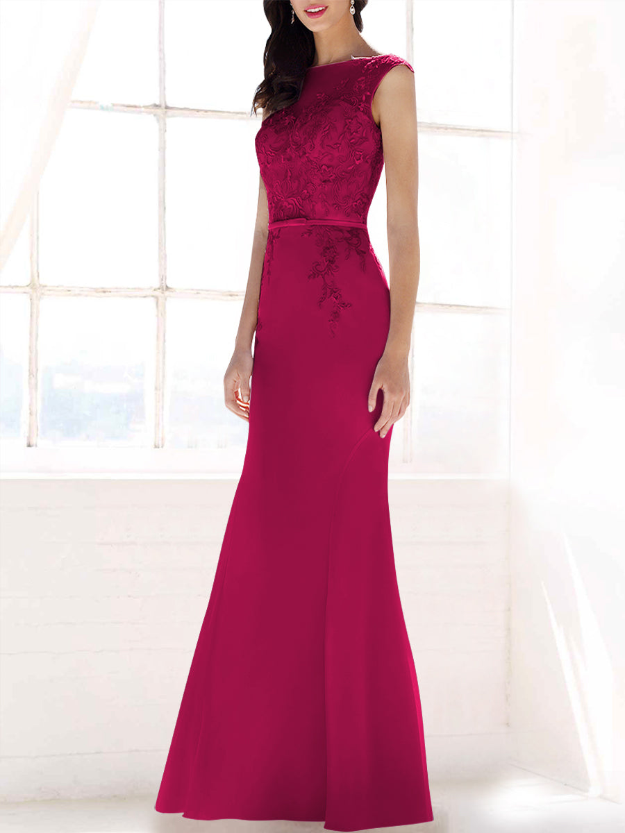 Lace Mermaid Boat Neck Sleeveless Bridesmaid Dress-MB53395