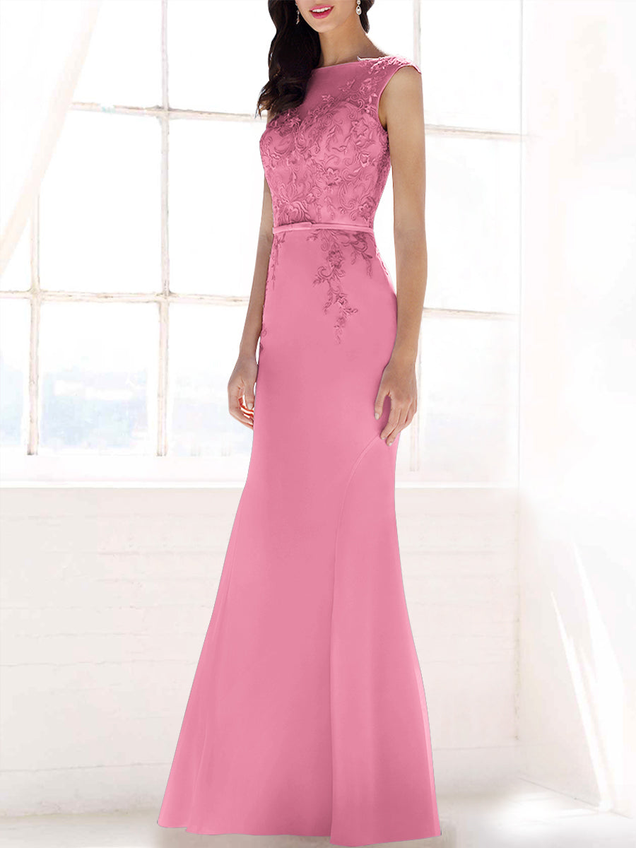 Lace Mermaid Boat Neck Sleeveless Bridesmaid Dress-MB53395