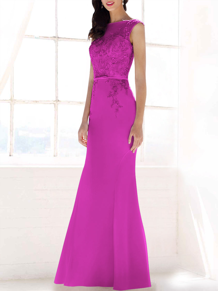 Lace Mermaid Boat Neck Sleeveless Bridesmaid Dress-MB53395