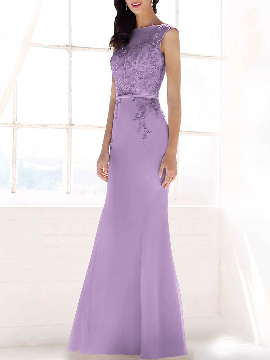 Lace Mermaid Boat Neck Sleeveless Bridesmaid Dress-MB53395