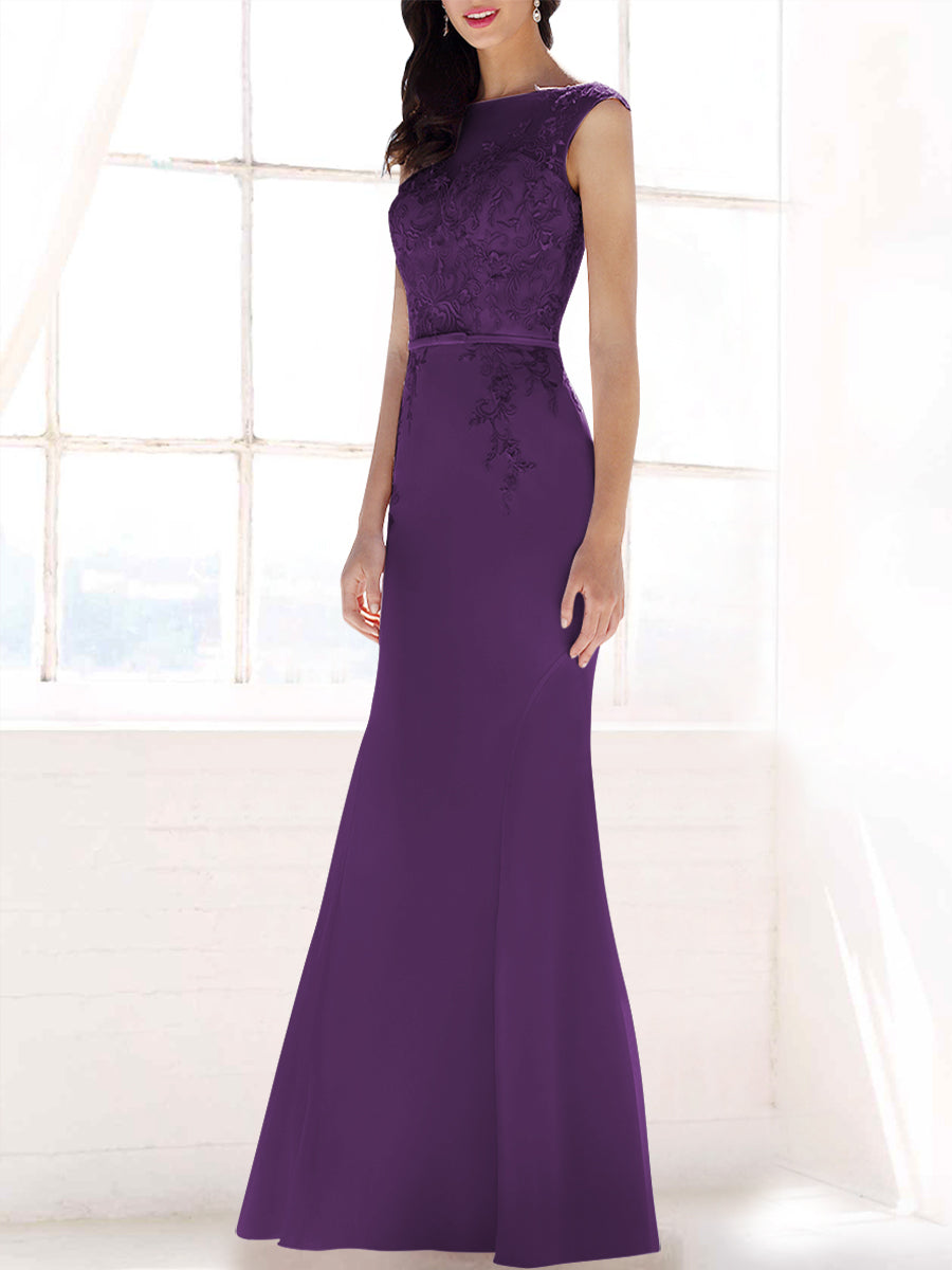 Lace Mermaid Boat Neck Sleeveless Bridesmaid Dress-MB53395