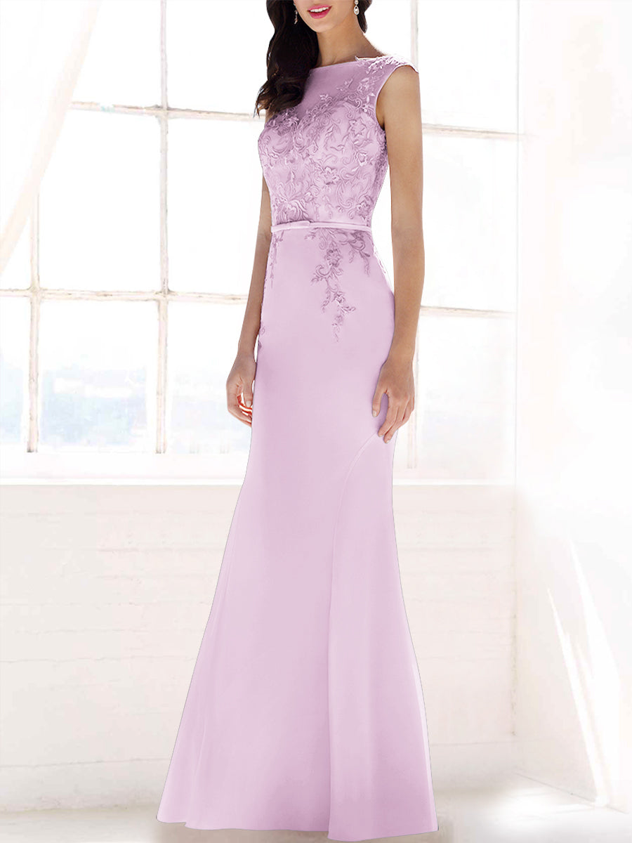 Lace Mermaid Boat Neck Sleeveless Bridesmaid Dress-MB53395