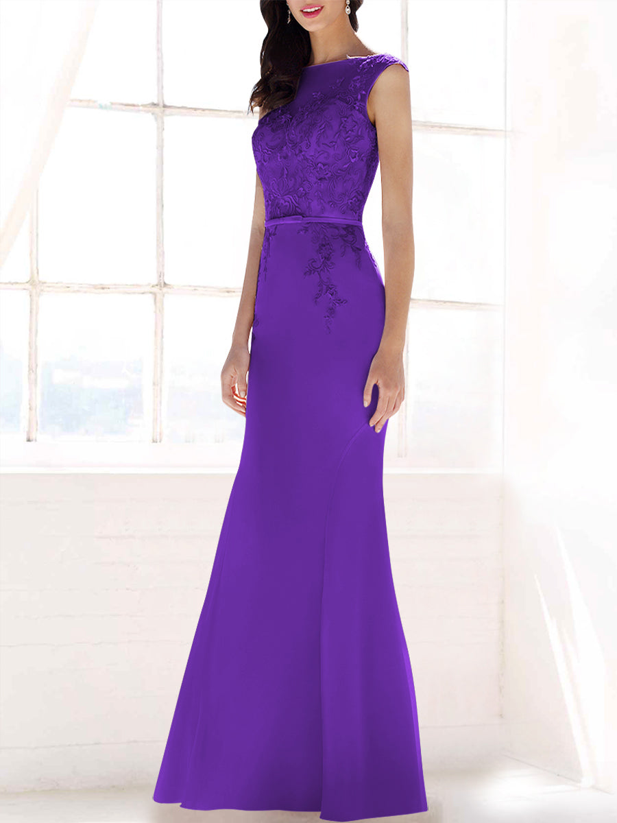 Lace Mermaid Boat Neck Sleeveless Bridesmaid Dress-MB53395