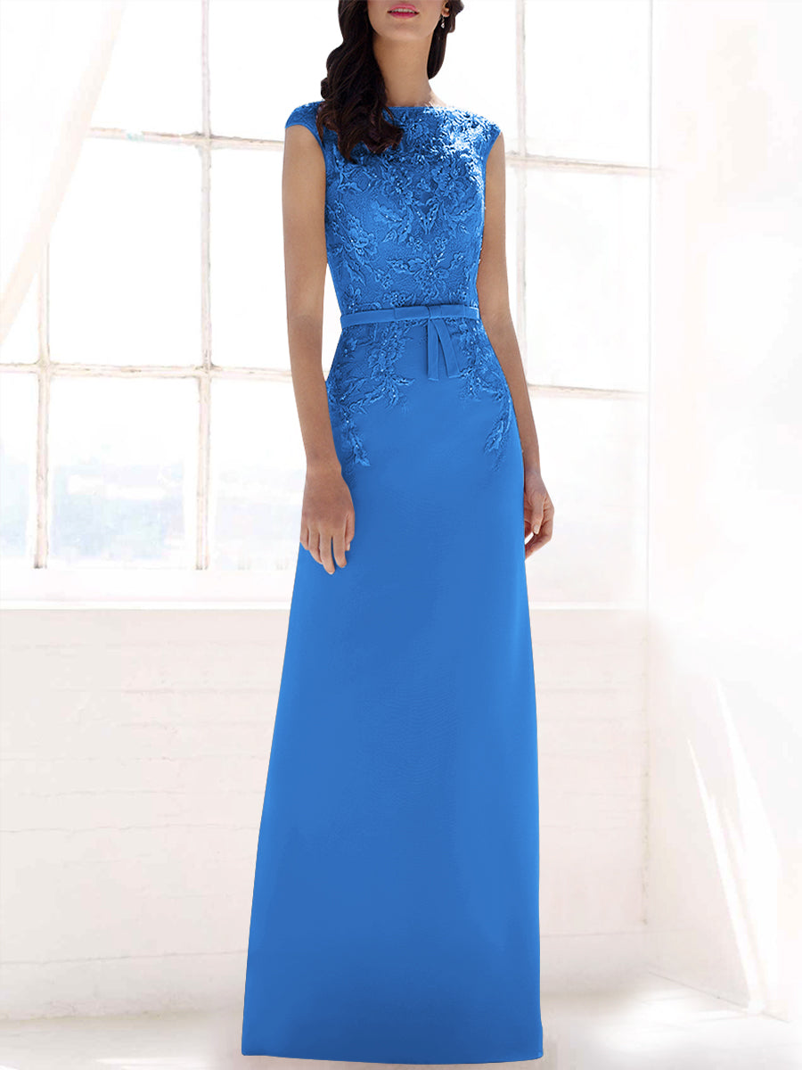 Lace Column Boat Neck Cap Sleeves Bridesmaid Dress-MB53396