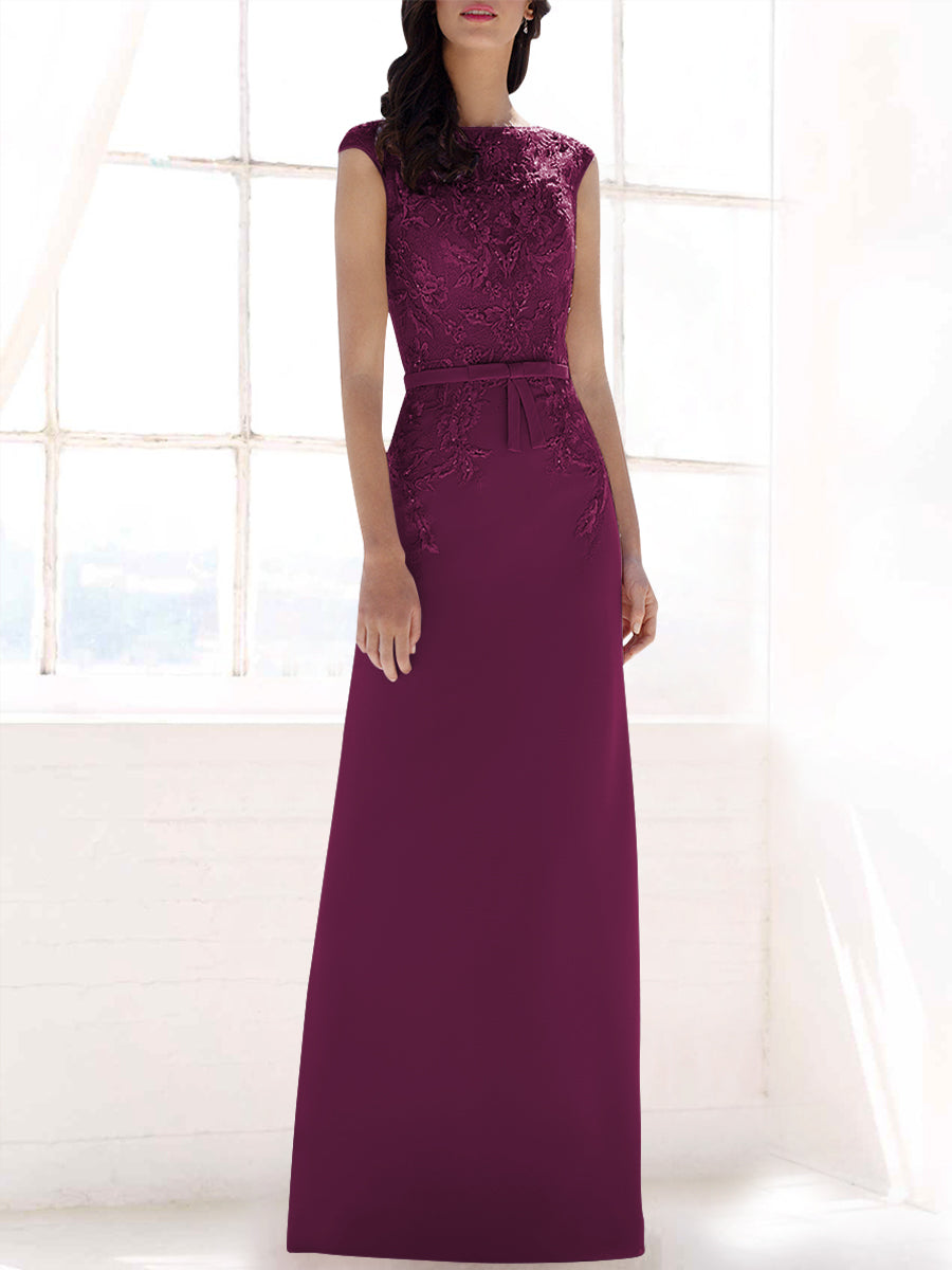 Lace Column Boat Neck Cap Sleeves Bridesmaid Dress-MB53396