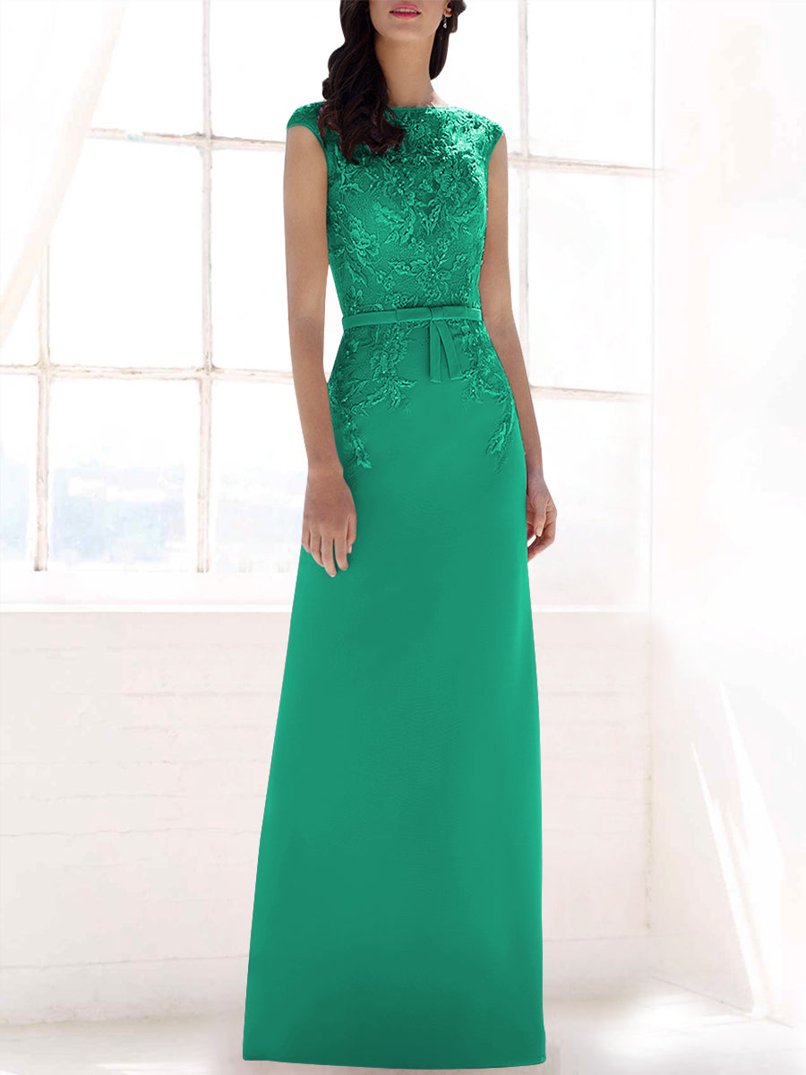 Lace Column Boat Neck Cap Sleeves Bridesmaid Dress-MB53396