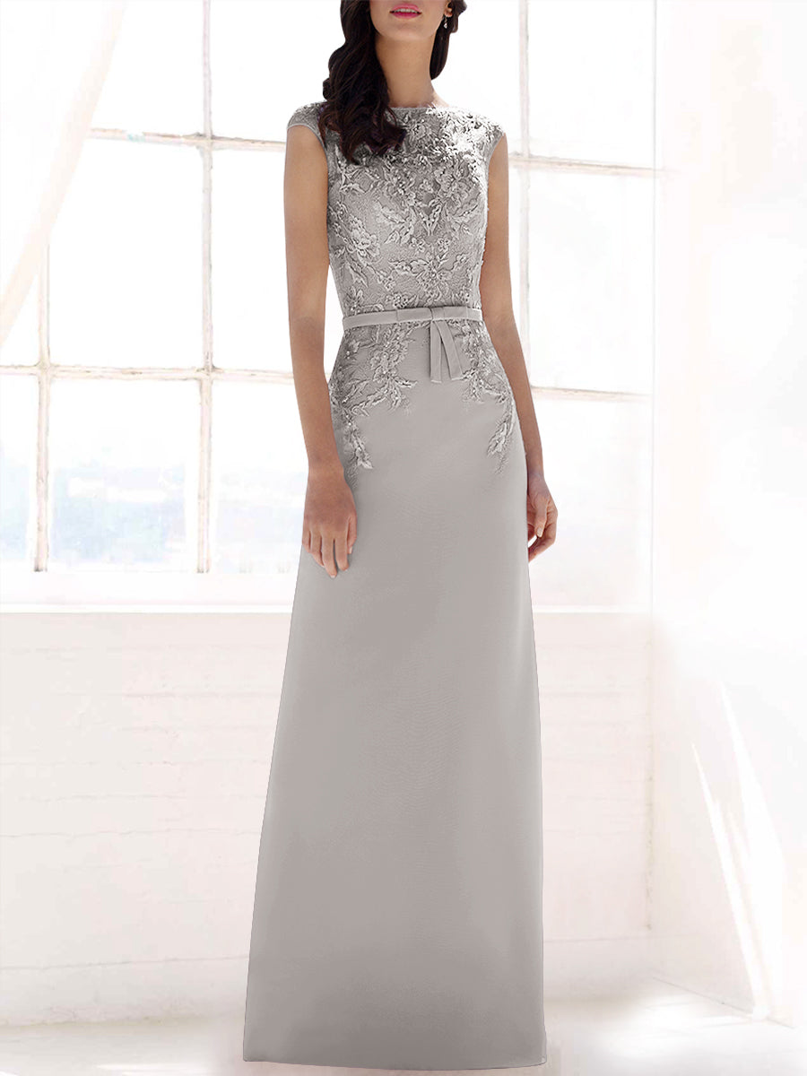 Lace Column Boat Neck Cap Sleeves Bridesmaid Dress-MB53396