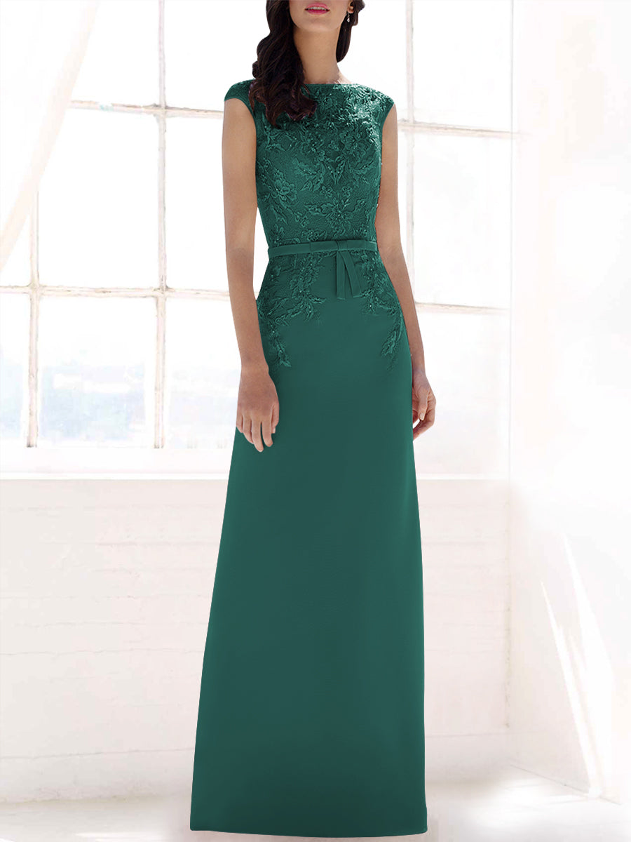 Lace Column Boat Neck Cap Sleeves Bridesmaid Dress-MB53396