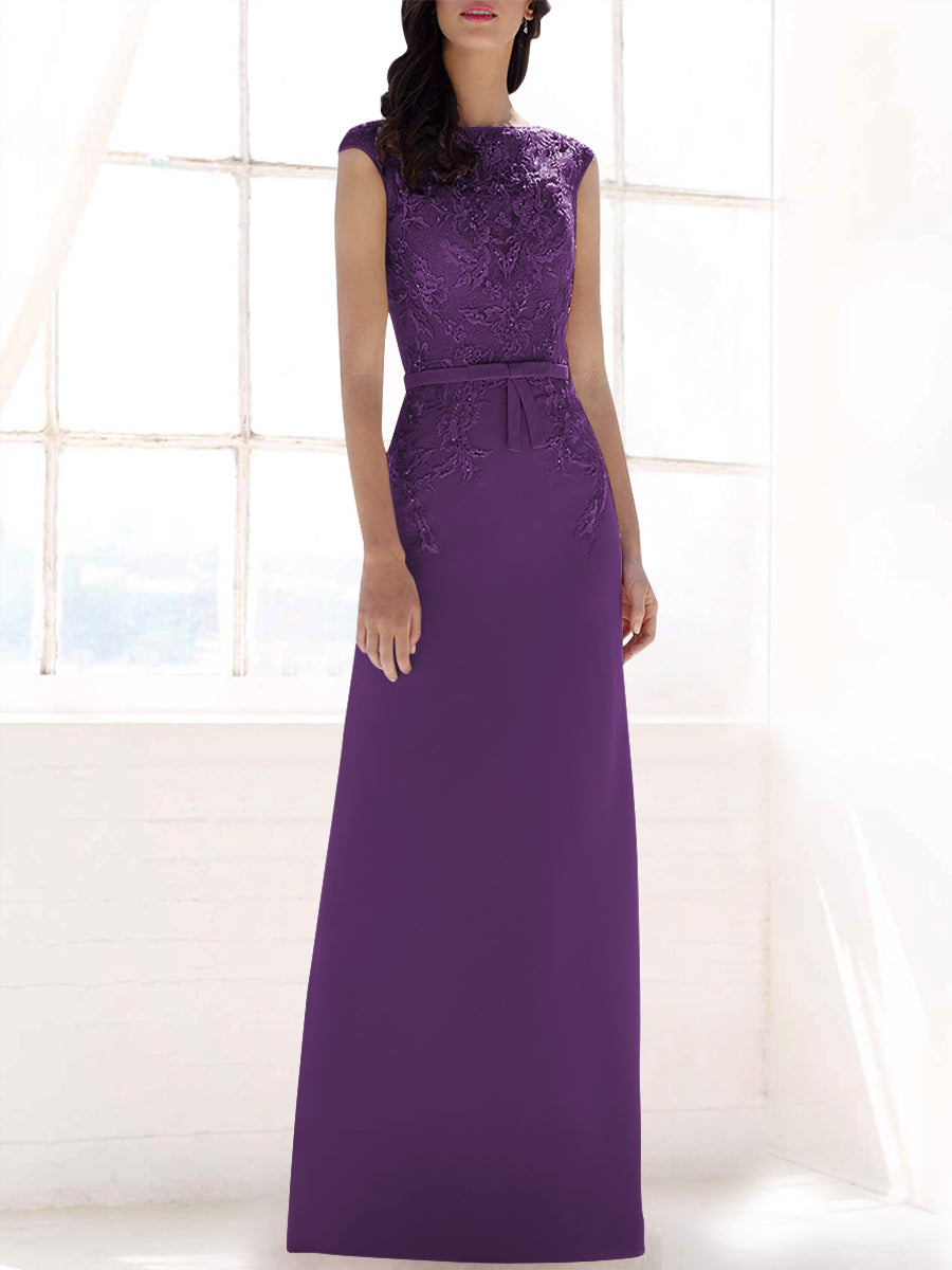 Lace Column Boat Neck Cap Sleeves Bridesmaid Dress-MB53396