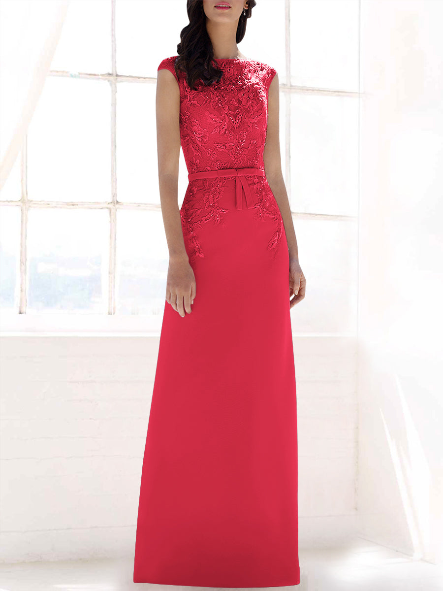 Lace Column Boat Neck Cap Sleeves Bridesmaid Dress-MB53396