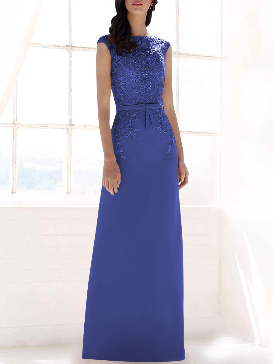 Lace Column Boat Neck Cap Sleeves Bridesmaid Dress-MB53396